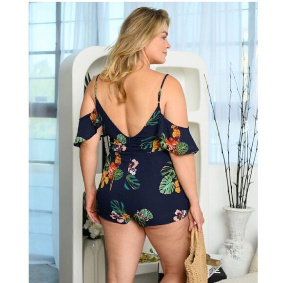 49. Navy Blue PLUS SIZE RUFFLE COLD SHOULDER FLORAL V-NECK ROMPER - Picture 3 of 3